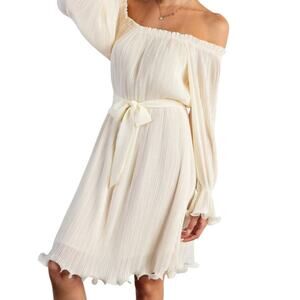 Easel Chiffon Dreams Woven Lined Cream Pleated Off The Shoulder Large Dress NWT